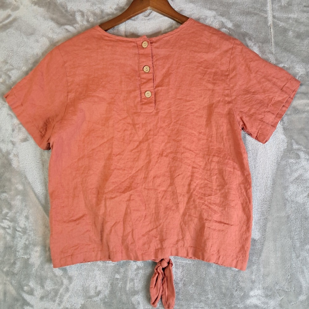 Rachel Zoe Top M Terracotta Coral Rose 100% Linen Front Tie Short Sleeve Blouse - Picture 2 of 6
